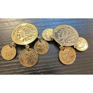 Vintage 80s Gold Tone French Roman Coin Dangle Earrings Alexander Greek Clip On